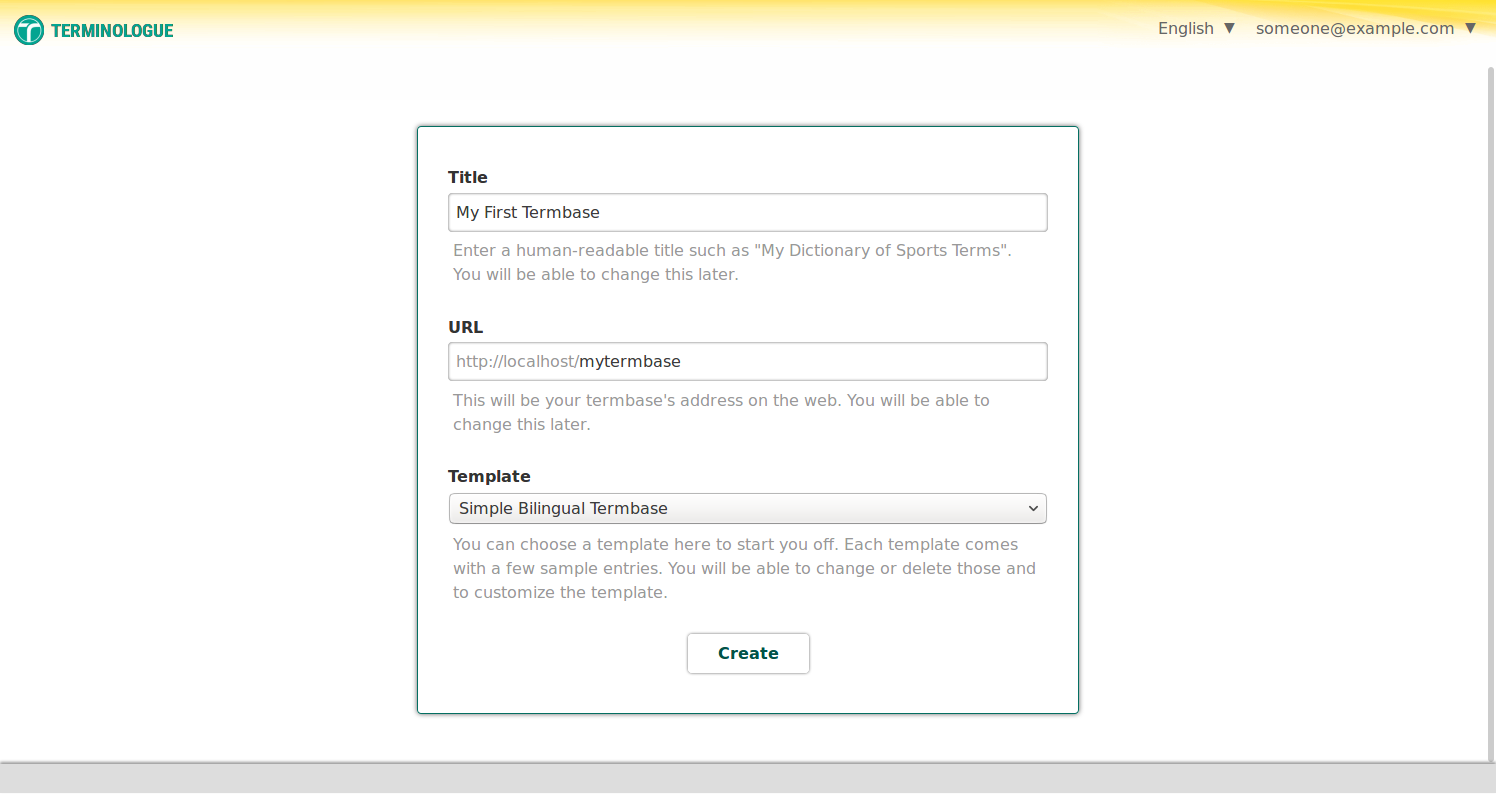 Creating a new termbase in Terminologue.