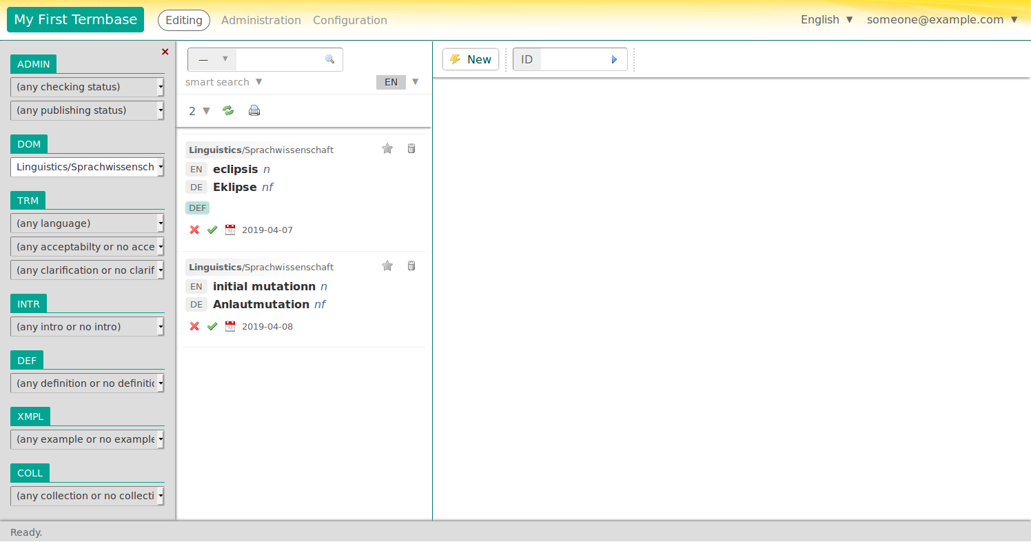 Filtering entries by domain in Terminologue’s faceted filtering feature.