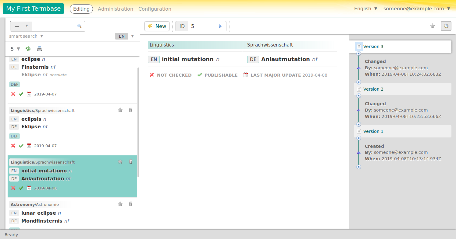 The history of an entry is displayed in Terminologue as a timeline.